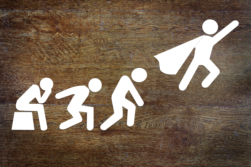 Icons die von einer sitzenden Person zu einer fliegenden Person transformieren