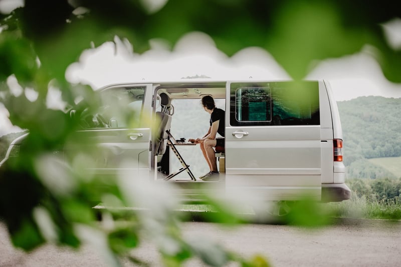 Camper im Grünen und Mann mit Laptop