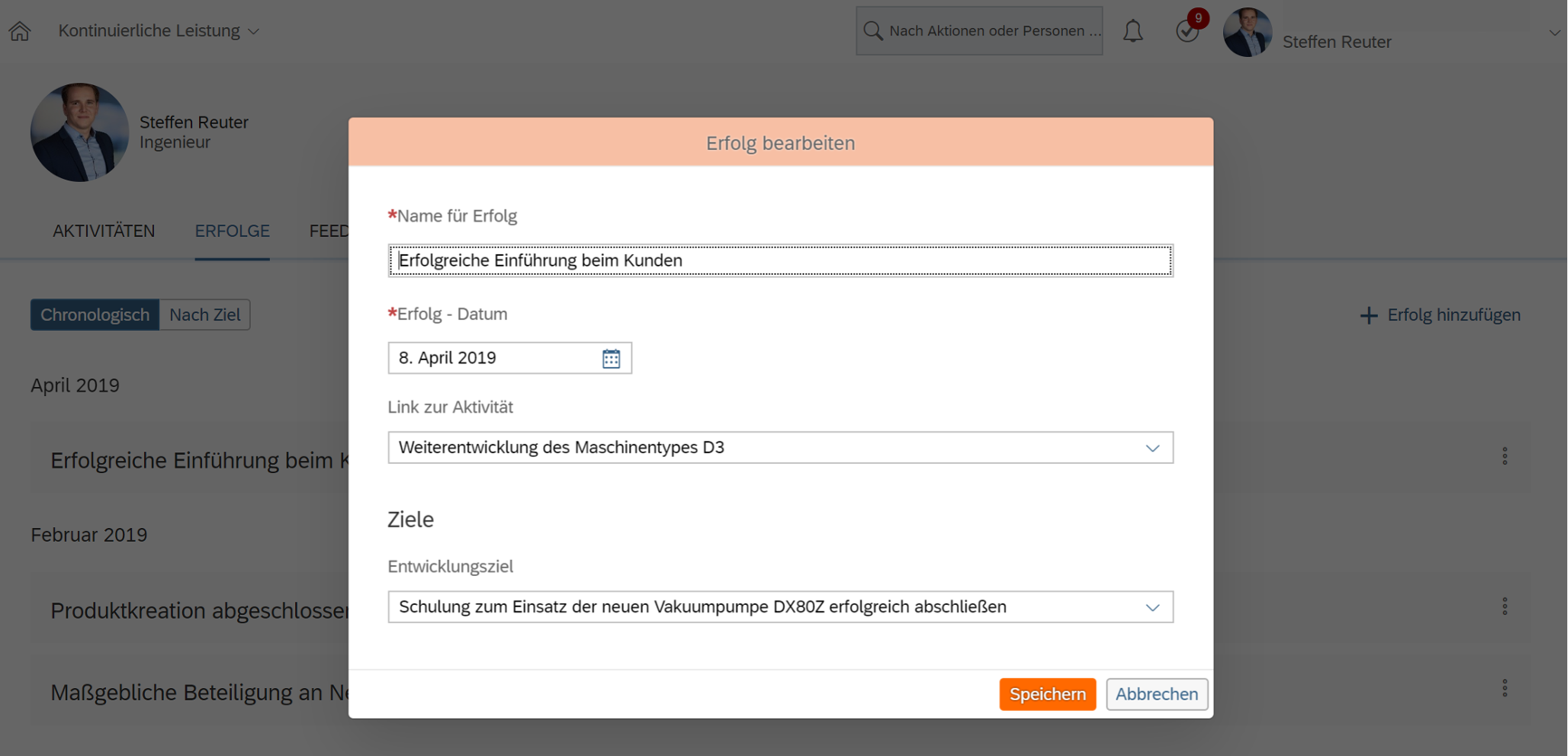 Screenshot zur Bearbeitung eines Erfolges in SAP SuccessFactors