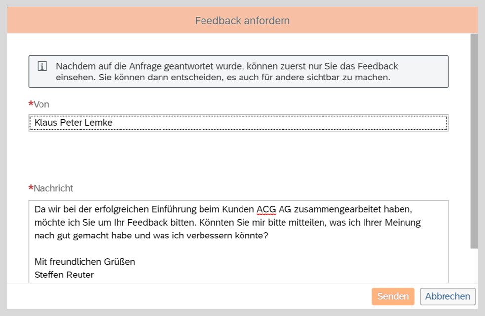 Screenshot zum Anfordern von Feedback in SAP SuccessFactors