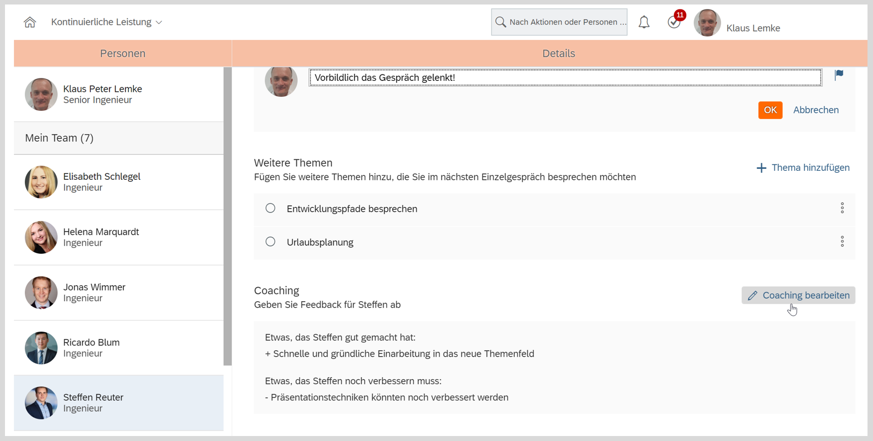 Screenshot zur Teamansicht für Vorgesetzte in SAP SuccessFactors